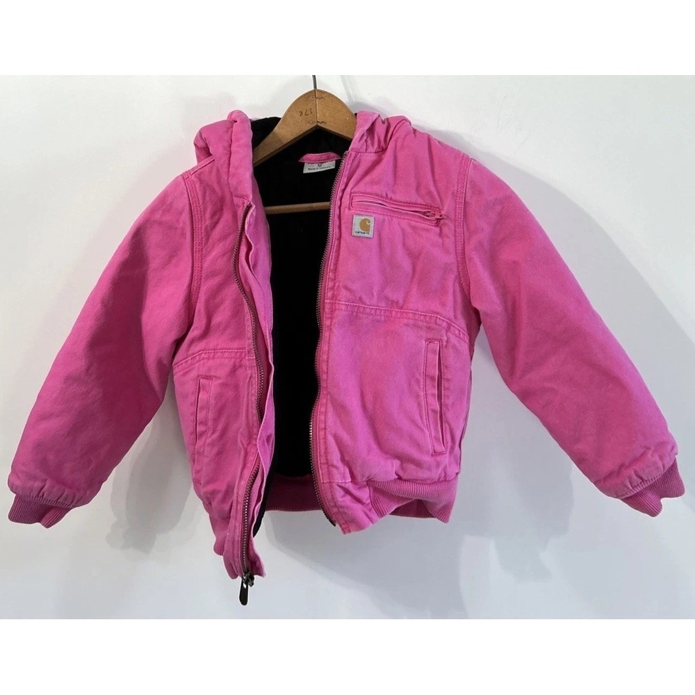Carhartt Canvas Quilted Lined Full Zip Hoodie Jacket Hot Pink Girl's XS 6‎ Clean